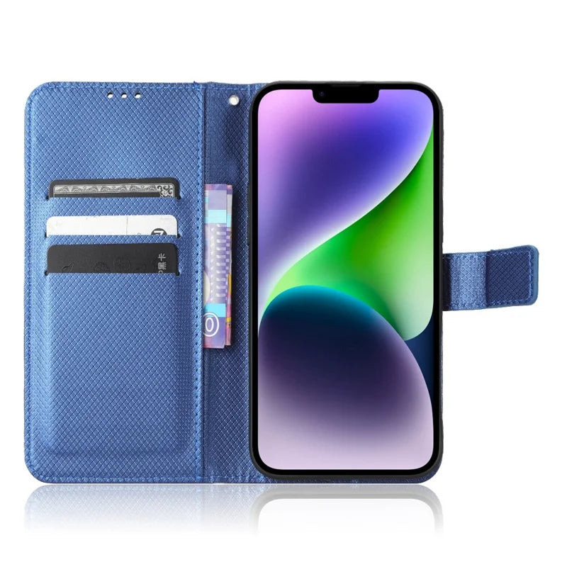 For iPhone 14 Max 6.7 inch Full Protection Diamond Texture Wallet Leather Case Stand Shockproof Phone Cover with Magnetic Clasp - Blue