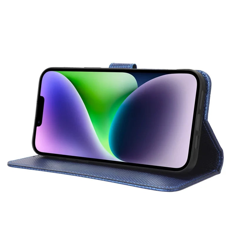 For iPhone 14 Max 6.7 inch Full Protection Diamond Texture Wallet Leather Case Stand Shockproof Phone Cover with Magnetic Clasp - Blue