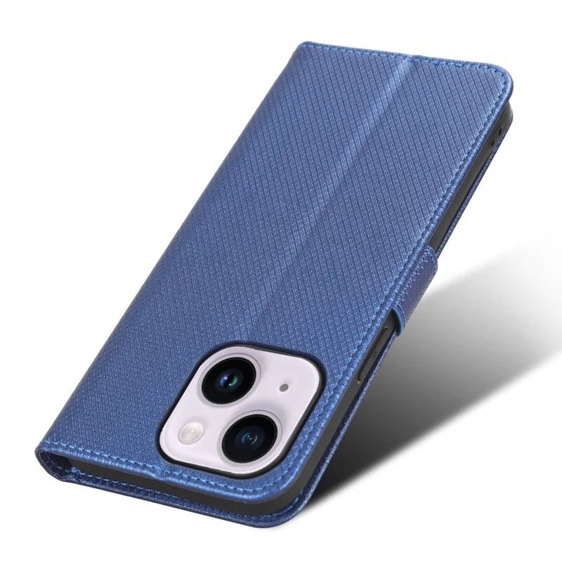 For iPhone 14 Max 6.7 inch Full Protection Diamond Texture Wallet Leather Case Stand Shockproof Phone Cover with Magnetic Clasp - Blue