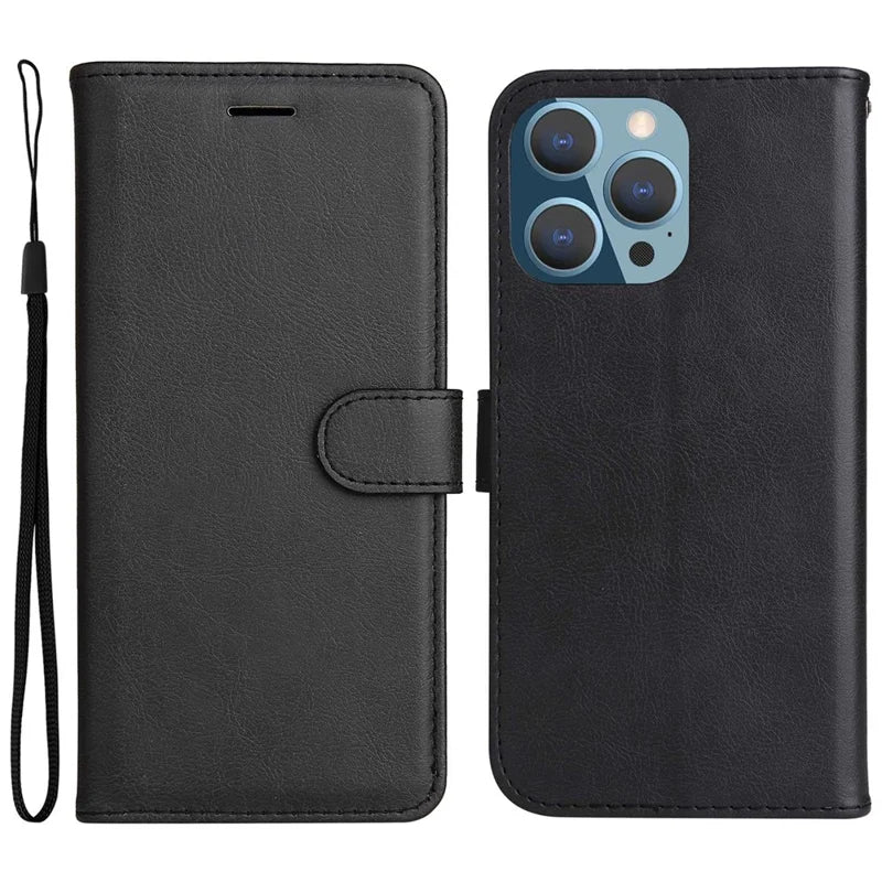 For iPhone 14 Pro Max 6.7 inch KT Leather Series-2 Fully Wrapped Leather Stand Phone Case, Wallet Design Leather Phone Case with Handy Strap - Black