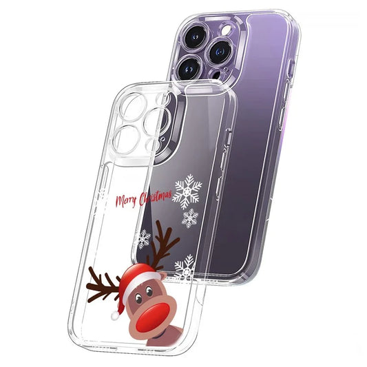 For iPhone 13 Pro Max 6.7 inch Christmas Pattern Printing Transparent Clear Cover 1.5mm Thick Precise Cutout TPU Phone Case - Snowflake Deer