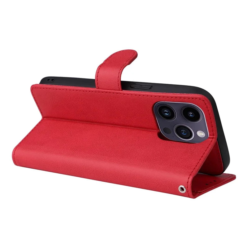 For iPhone 14 Pro Max Case 2 in 1 Detachable Magnetic Leather Wallet Mobile Cover with Strap - Red