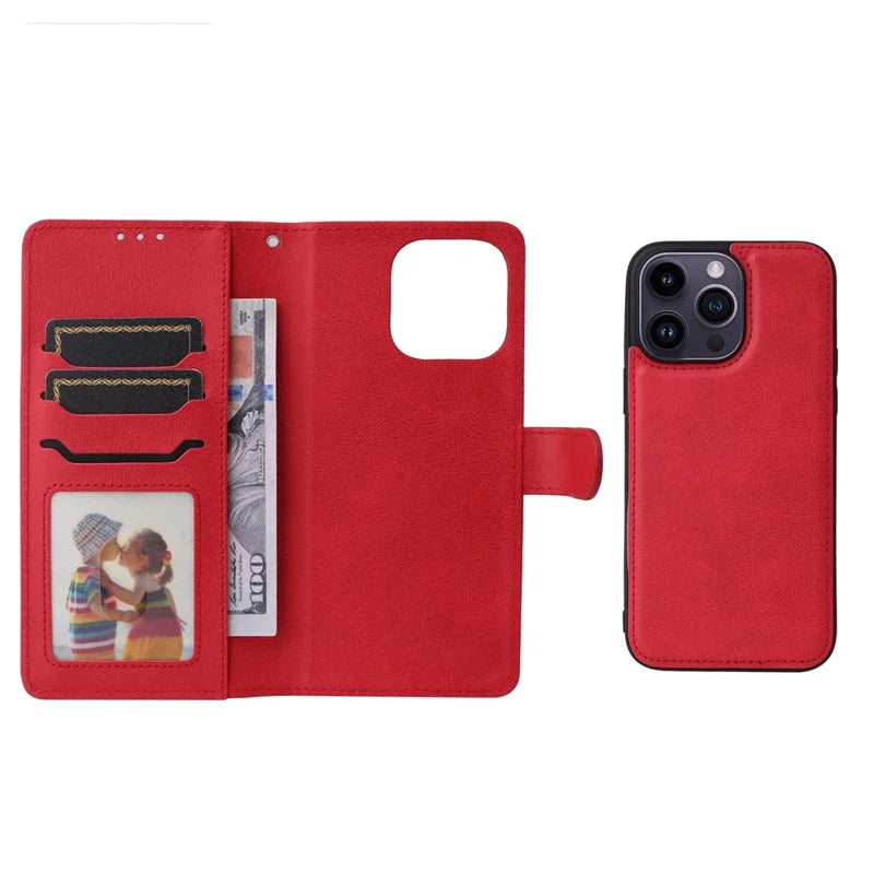 For iPhone 14 Pro Max Case 2 in 1 Detachable Magnetic Leather Wallet Mobile Cover with Strap - Red