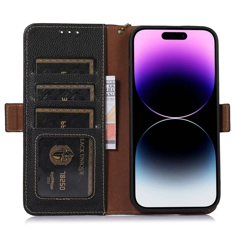 Genuine Leather Case for iPhone 14 Pro Max Wallet Phone Case Side Magnetic Closure RFID Blocking Phone Cover with Stand / Chain Decoration - Black