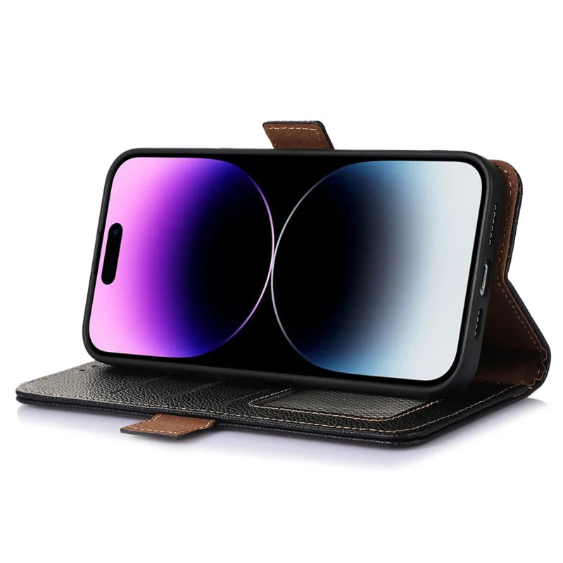 Genuine Leather Case for iPhone 14 Pro Max Wallet Phone Case Side Magnetic Closure RFID Blocking Phone Cover with Stand / Chain Decoration - Black