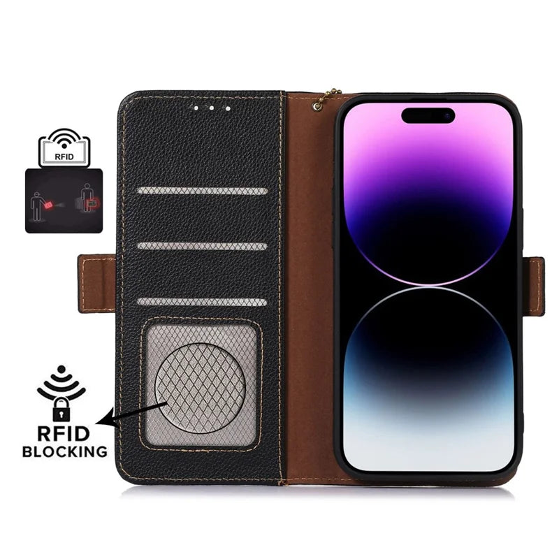 Genuine Leather Case for iPhone 14 Pro Max Wallet Phone Case Side Magnetic Closure RFID Blocking Phone Cover with Stand / Chain Decoration - Black