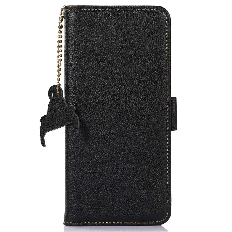 Genuine Leather Case for iPhone 14 Pro Max Wallet Phone Case Side Magnetic Closure RFID Blocking Phone Cover with Stand / Chain Decoration - Black