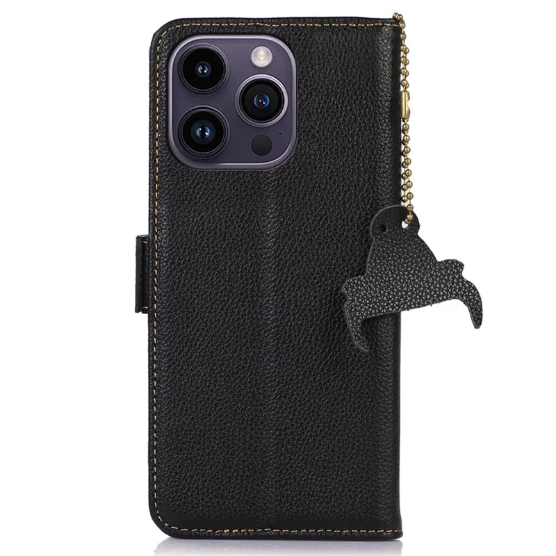 Genuine Leather Case for iPhone 14 Pro Max Wallet Phone Case Side Magnetic Closure RFID Blocking Phone Cover with Stand / Chain Decoration - Black