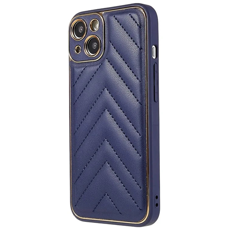Electroplating Design Phone Shell for iPhone 14 Plus, V-Shape Stitching Line TPU+PU Leather Phone Cover Case - Dark Blue