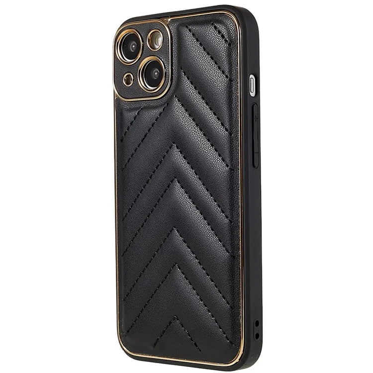 Electroplating Design Phone Shell for iPhone 14 Plus, V-Shape Stitching Line TPU+PU Leather Phone Cover Case - Black