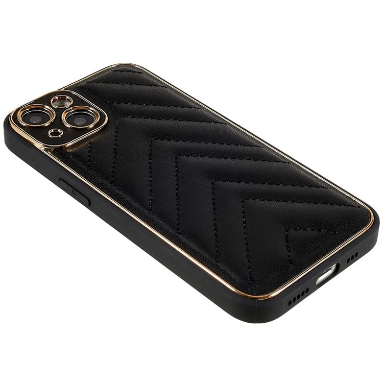 Electroplating Design Phone Shell for iPhone 14 Plus, V-Shape Stitching Line TPU+PU Leather Phone Cover Case - Black