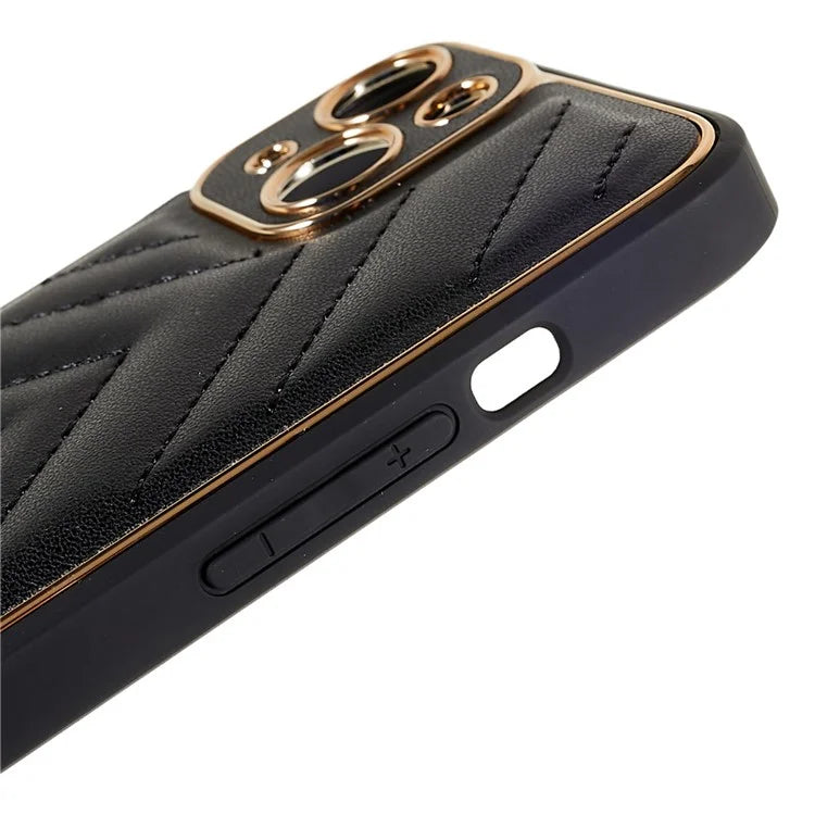 Electroplating Design Phone Shell for iPhone 14 Plus, V-Shape Stitching Line TPU+PU Leather Phone Cover Case - Black
