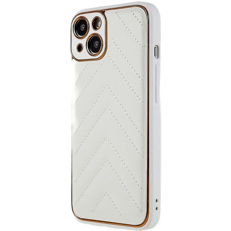 Mag.iPhone 14 PU Leather+TPU Phone Cover V-Shape Stitching Line Electroplating Design Cell Phone Case - White