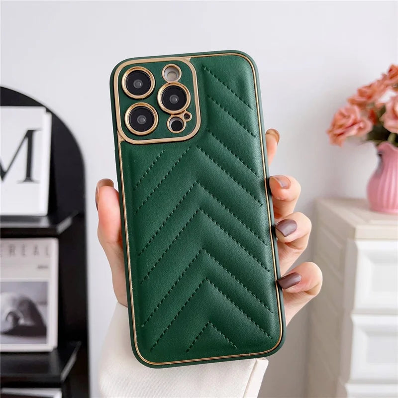 V-shape Grid Stitching Line Decor Phone Case for iPhone 14 Pro Max, Electroplating PU Leather Coated TPU Cover with Precise Cutout Lens Protection - Green
