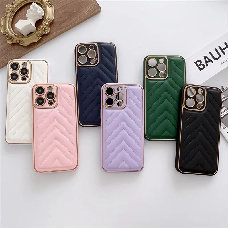 V-shape Grid Stitching Line Decor Phone Case for iPhone 14 Pro Max, Electroplating PU Leather Coated TPU Cover with Precise Cutout Lens Protection - Green