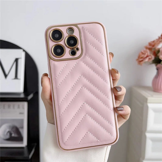 V-shape Grid Stitching Line Decor Phone Case for iPhone 14 Pro Max, Electroplating PU Leather Coated TPU Cover with Precise Cutout Lens Protection - Pink