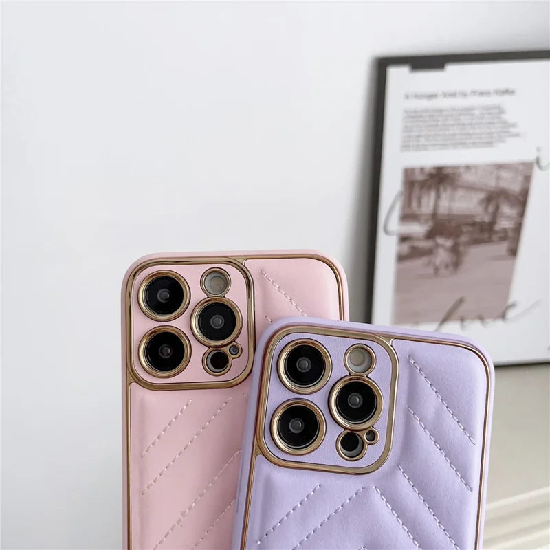 V-shape Grid Stitching Line Decor Phone Case for iPhone 14 Pro Max, Electroplating PU Leather Coated TPU Cover with Precise Cutout Lens Protection - Pink