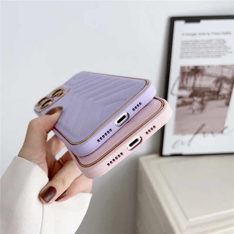 V-shape Grid Stitching Line Decor Phone Case for iPhone 14 Pro Max, Electroplating PU Leather Coated TPU Cover with Precise Cutout Lens Protection - Pink