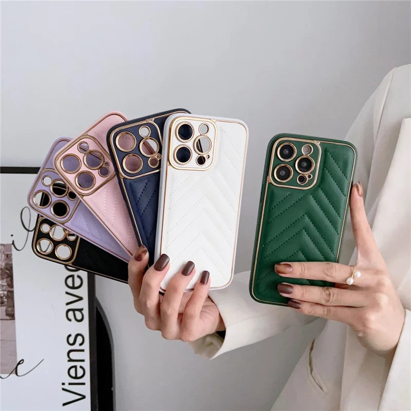 V-shape Grid Stitching Line Decor Phone Case for iPhone 14 Pro Max, Electroplating PU Leather Coated TPU Cover with Precise Cutout Lens Protection - Pink