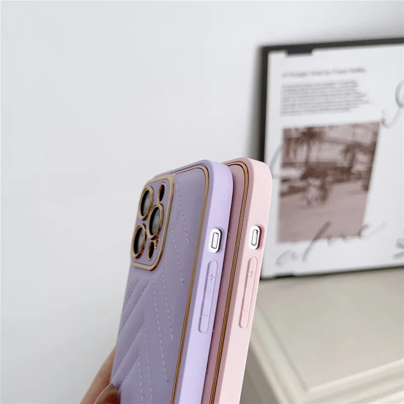 V-shape Grid Stitching Line Decor Phone Case for iPhone 14 Pro Max, Electroplating PU Leather Coated TPU Cover with Precise Cutout Lens Protection - Black