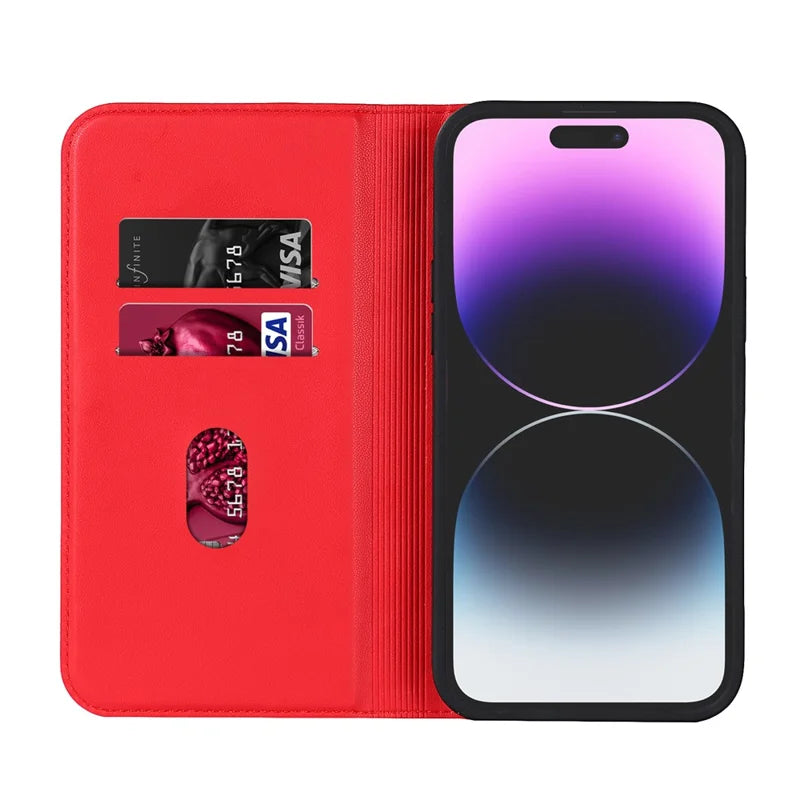 Leather Phone Case for iPhone 14 Pro Max Card Holder RFID Blocking Stand Phone Cover Compatible with MagSafe - Red