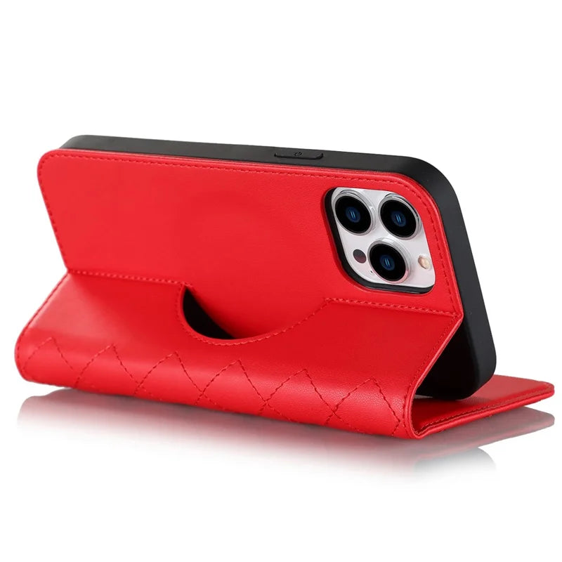 Leather Phone Case for iPhone 14 Pro Max Card Holder RFID Blocking Stand Phone Cover Compatible with MagSafe - Red
