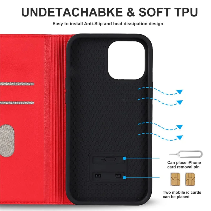 Leather Phone Case for iPhone 14 Pro Max Card Holder RFID Blocking Stand Phone Cover Compatible with MagSafe - Red