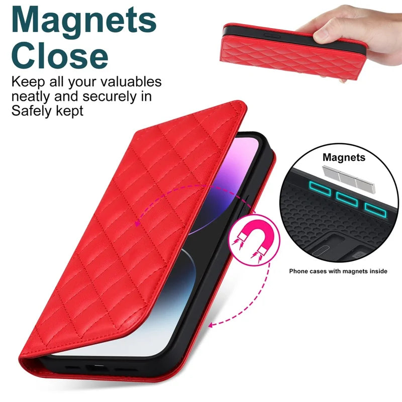 Leather Phone Case for iPhone 14 Pro Max Card Holder RFID Blocking Stand Phone Cover Compatible with MagSafe - Red