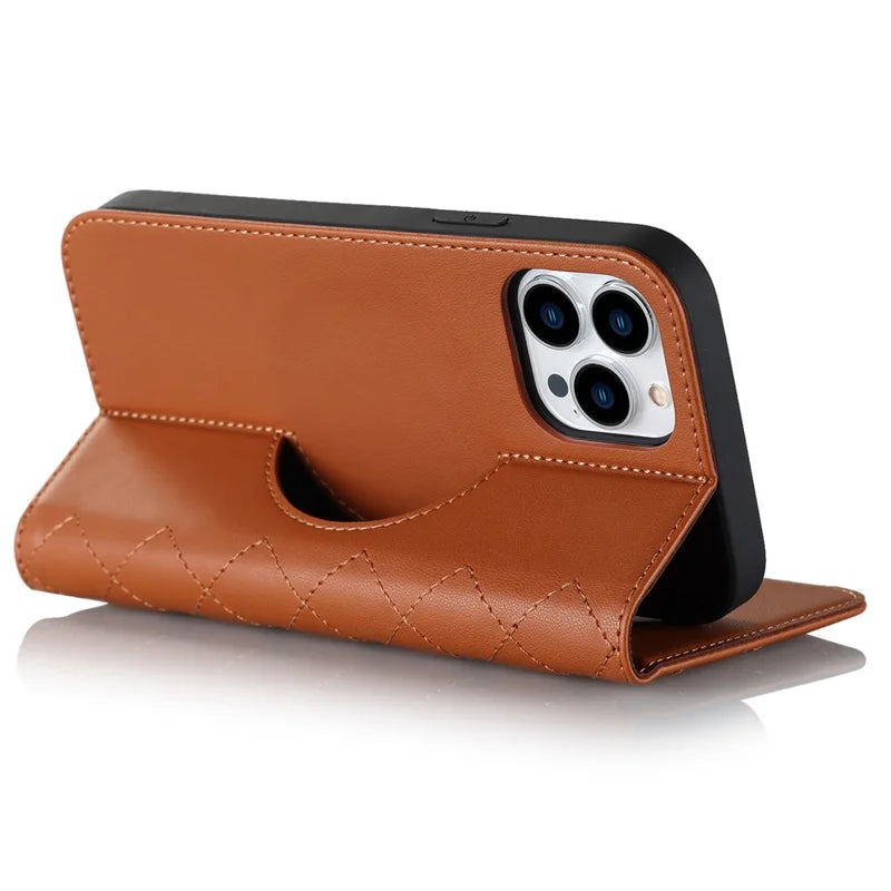 Leather Phone Case for iPhone 14 Pro Max Card Holder RFID Blocking Stand Phone Cover Compatible with MagSafe - Brown