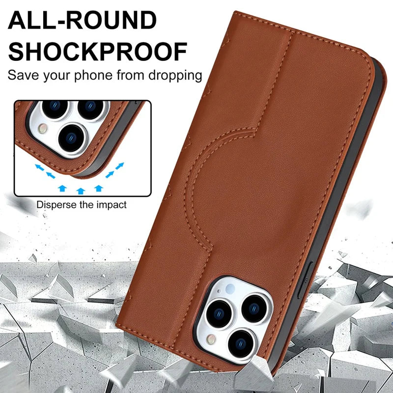 Leather Phone Case for iPhone 14 Pro Max Card Holder RFID Blocking Stand Phone Cover Compatible with MagSafe - Brown