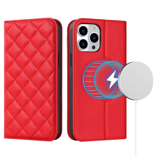 For iPhone 14 Pro Stand Magnetic Phone Case RFID Blocking Card Holder Leather Cover Compatible with MagSafe - Red