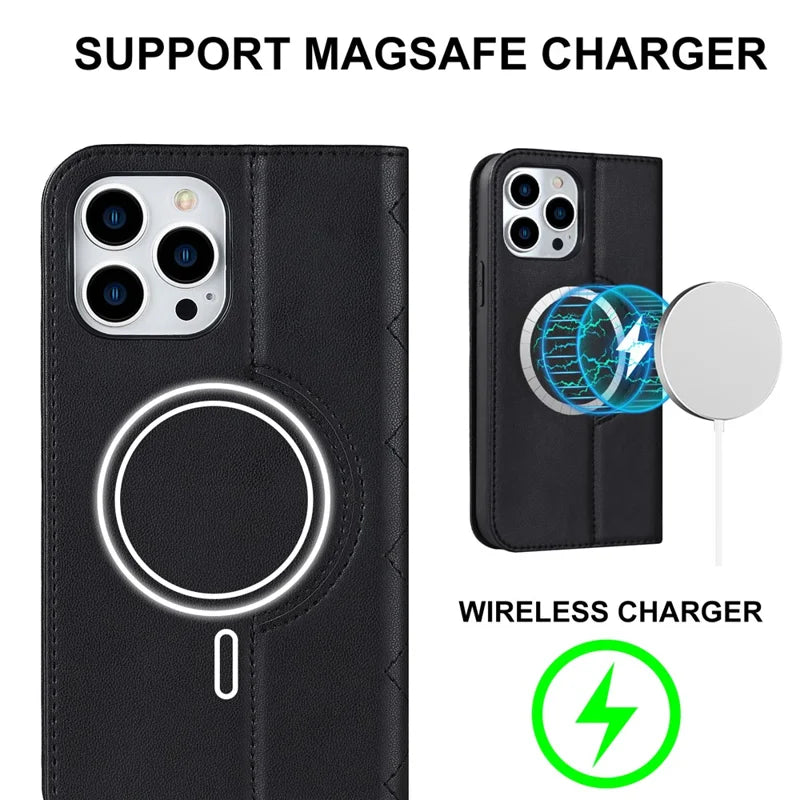 iPhone 14 Pro MagSafe Læder Stand Cover Magnetic RFID Blocking Card Holder – Sort