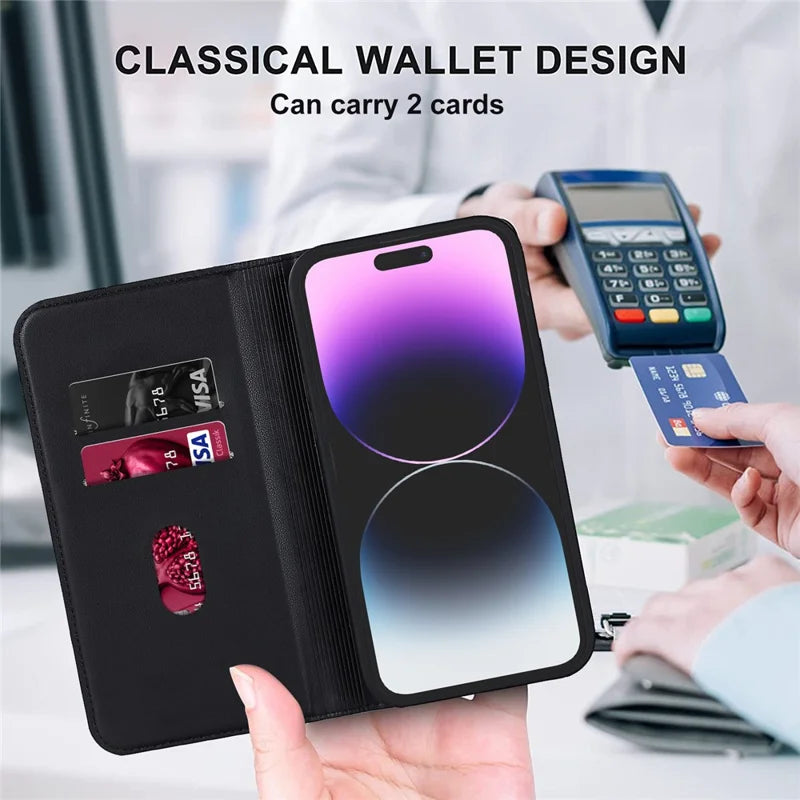 iPhone 14 Pro MagSafe Læder Stand Cover Magnetic RFID Blocking Card Holder – Sort