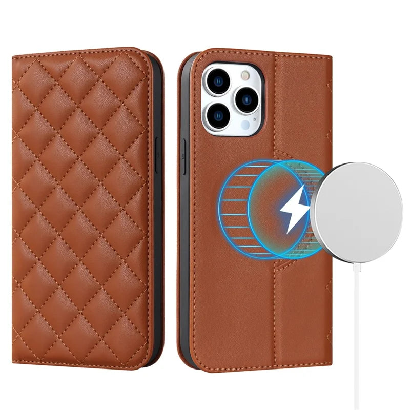 For iPhone 14 Pro Stand Magnetic Phone Case RFID Blocking Card Holder Leather Cover Compatible with MagSafe - Brown