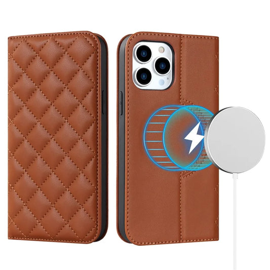For iPhone 14 Pro Stand Magnetic Phone Case RFID Blocking Card Holder Leather Cover Compatible with MagSafe - Brown