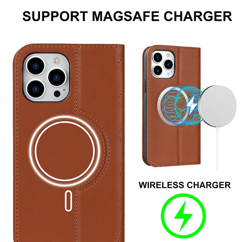 iPhone 14 Pro MagSafe Læder Stand Cover Magnetic RFID Blocking Card Holder – Brun