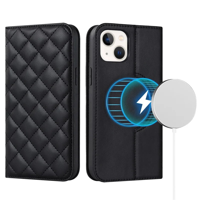 Phone Leather Case for iPhone 14 Plus Stand RFID Blocking Card Holder Phone Cover Compatible with MagSafe - Black