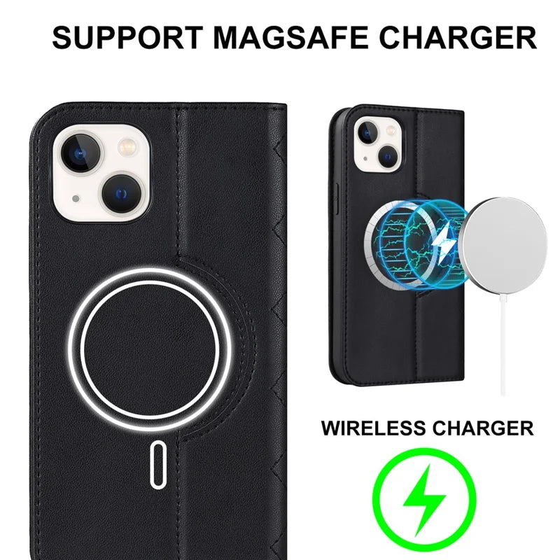iPhone 14 Plus MagSafe Læder Stand Cover RFID Blocking Card Holder – Sort