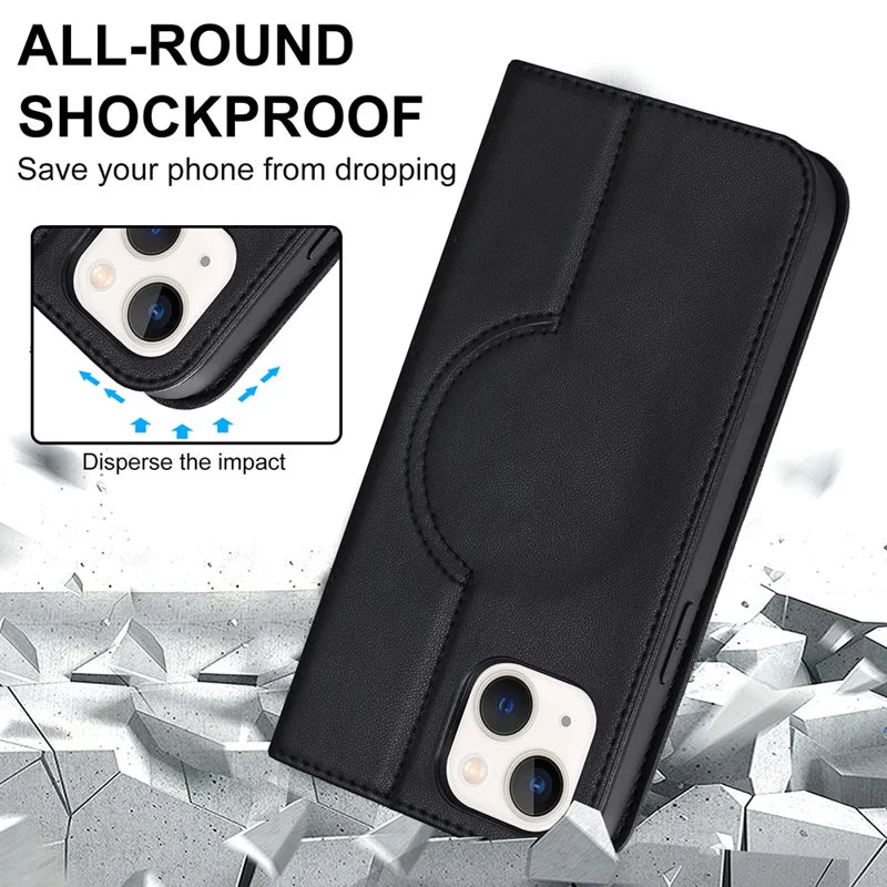 iPhone 14 Plus MagSafe Læder Stand Cover RFID Blocking Card Holder – Sort