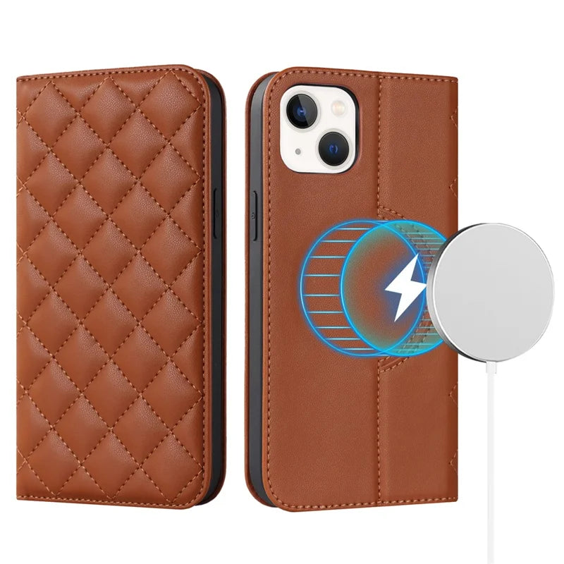 Phone Leather Case for iPhone 14 Plus Stand RFID Blocking Card Holder Phone Cover Compatible with MagSafe - Brown