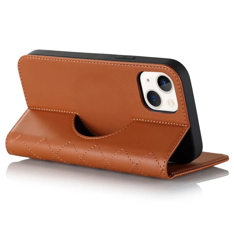 iPhone 14 Plus MagSafe Læder Stand Cover RFID Blocking Card Holder – Brun