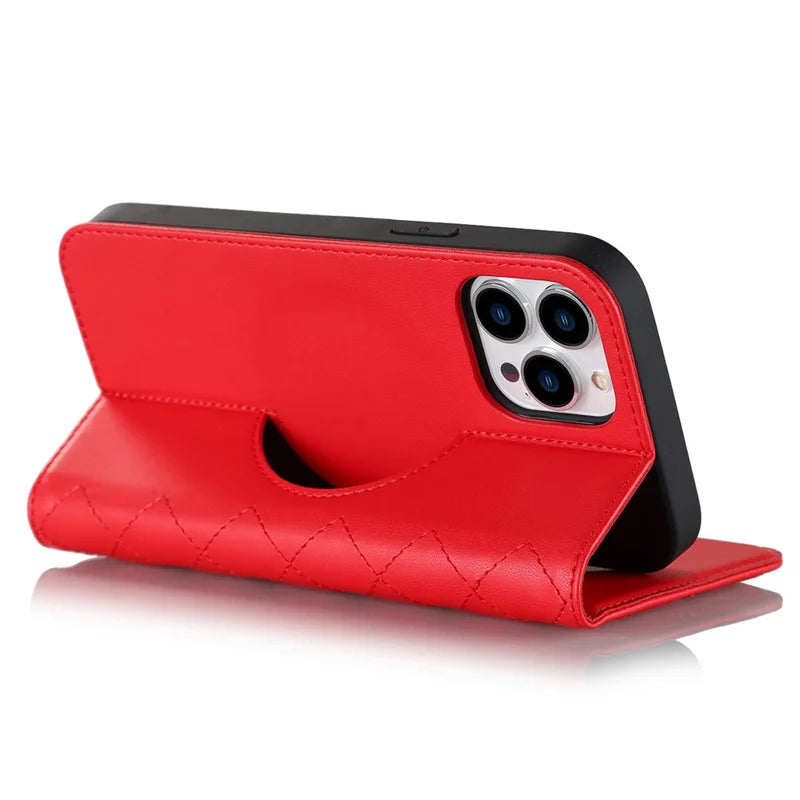 iPhone 12 Pro Max MagSafe PU Stand Cover RFID Blocking Card Holder – Rød