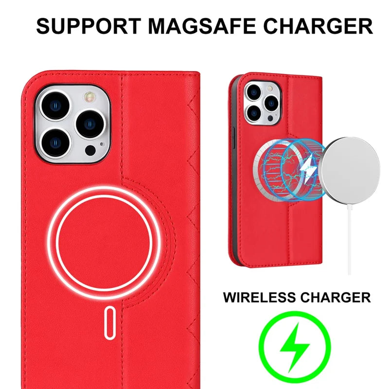iPhone 12 Pro Max MagSafe PU Stand Cover RFID Blocking Card Holder – Rød