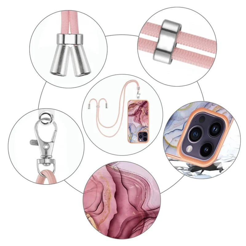 iPhone 15 pro max, marmor, halssnor, rosegold