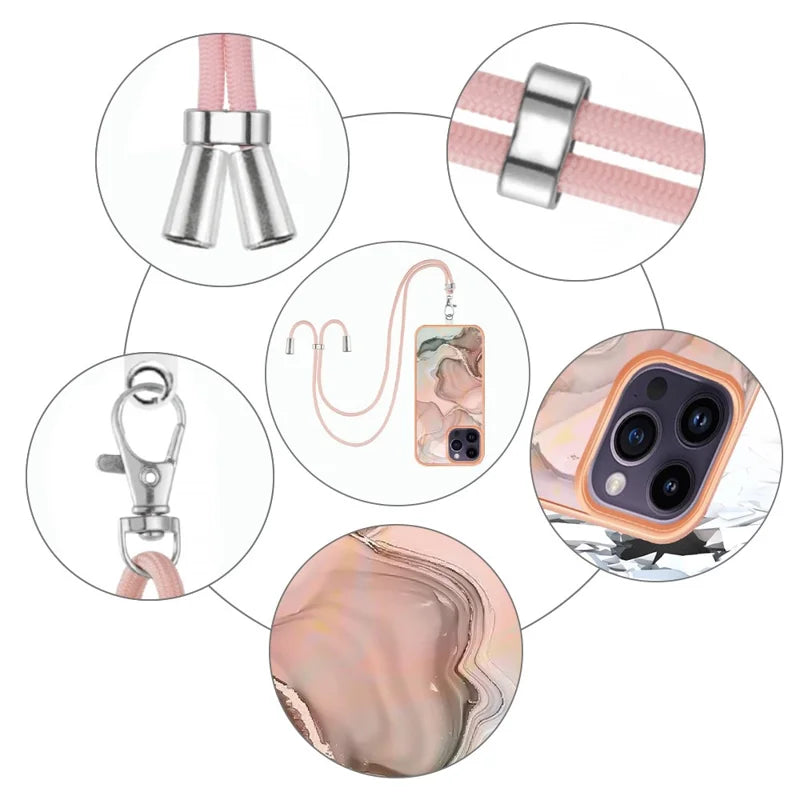 iPhone 15 pro max, marmor, halssnor, lyserød