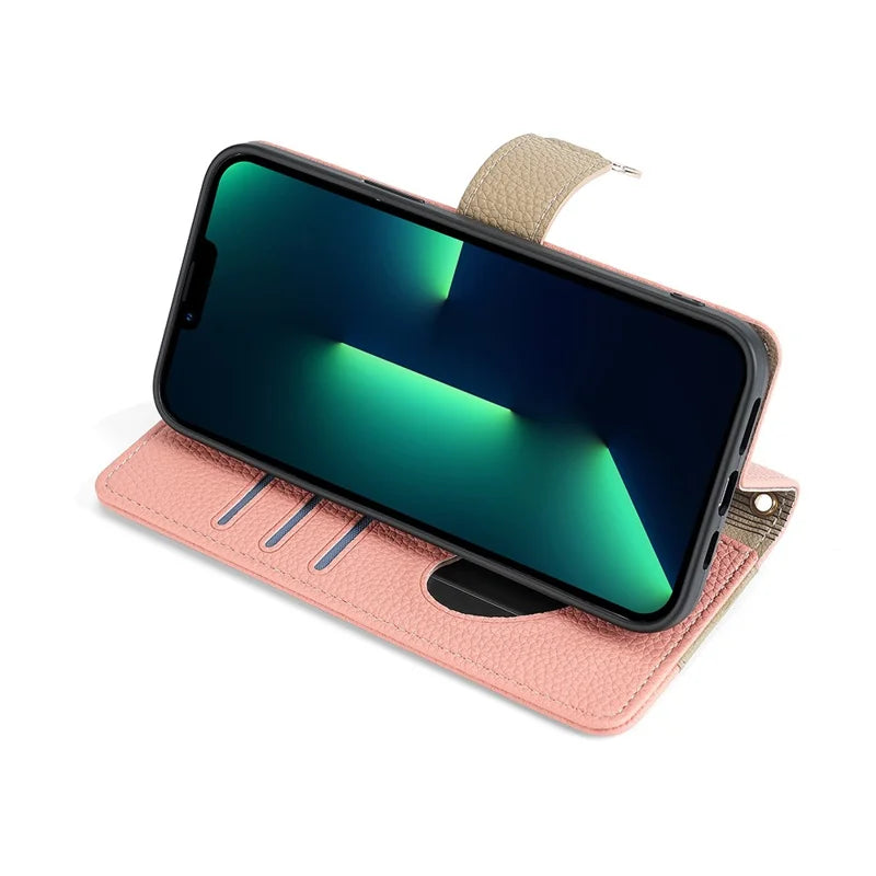 For iPhone 15 Pro Max PU Leather Wallet Case Stand Ring Holder Protective Phone Cover with Makeup Mirror / Shoulder Strap - Pink