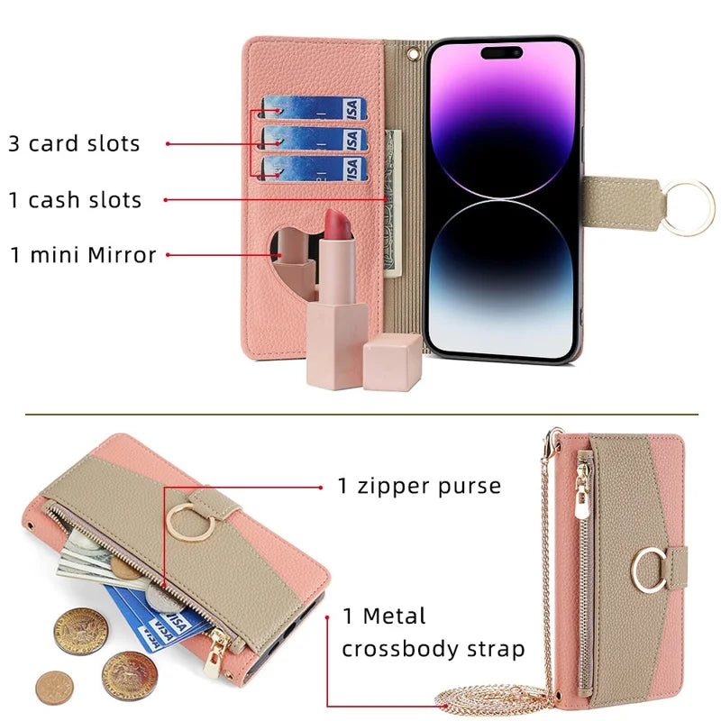 For iPhone 15 Pro Max PU Leather Wallet Case Stand Ring Holder Protective Phone Cover with Makeup Mirror / Shoulder Strap - Pink