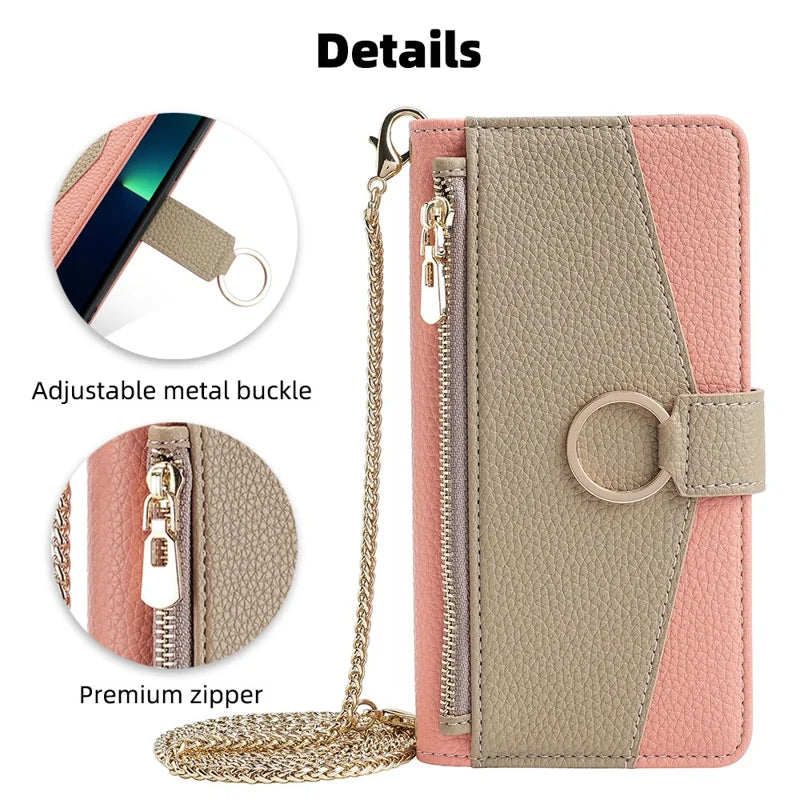 For iPhone 15 Pro Max PU Leather Wallet Case Stand Ring Holder Protective Phone Cover with Makeup Mirror / Shoulder Strap - Pink
