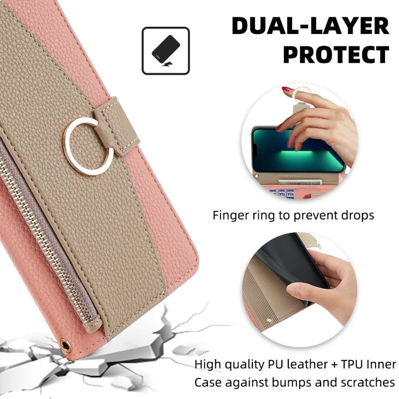 For iPhone 15 Pro Max PU Leather Wallet Case Stand Ring Holder Protective Phone Cover with Makeup Mirror / Shoulder Strap - Pink