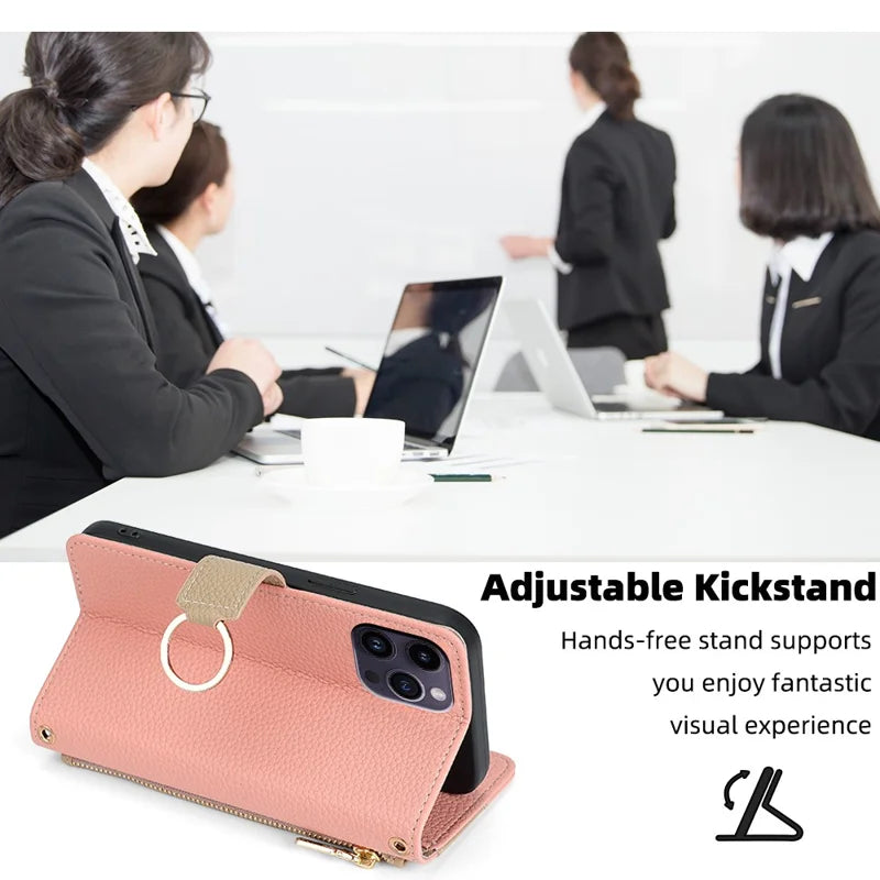 For iPhone 15 Pro Max PU Leather Wallet Case Stand Ring Holder Protective Phone Cover with Makeup Mirror / Shoulder Strap - Pink